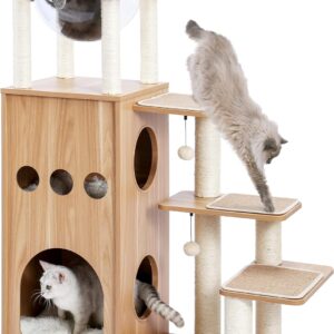 Wood Cat Tower Heavy Duty with Scratch Post for Indoor Big Cats